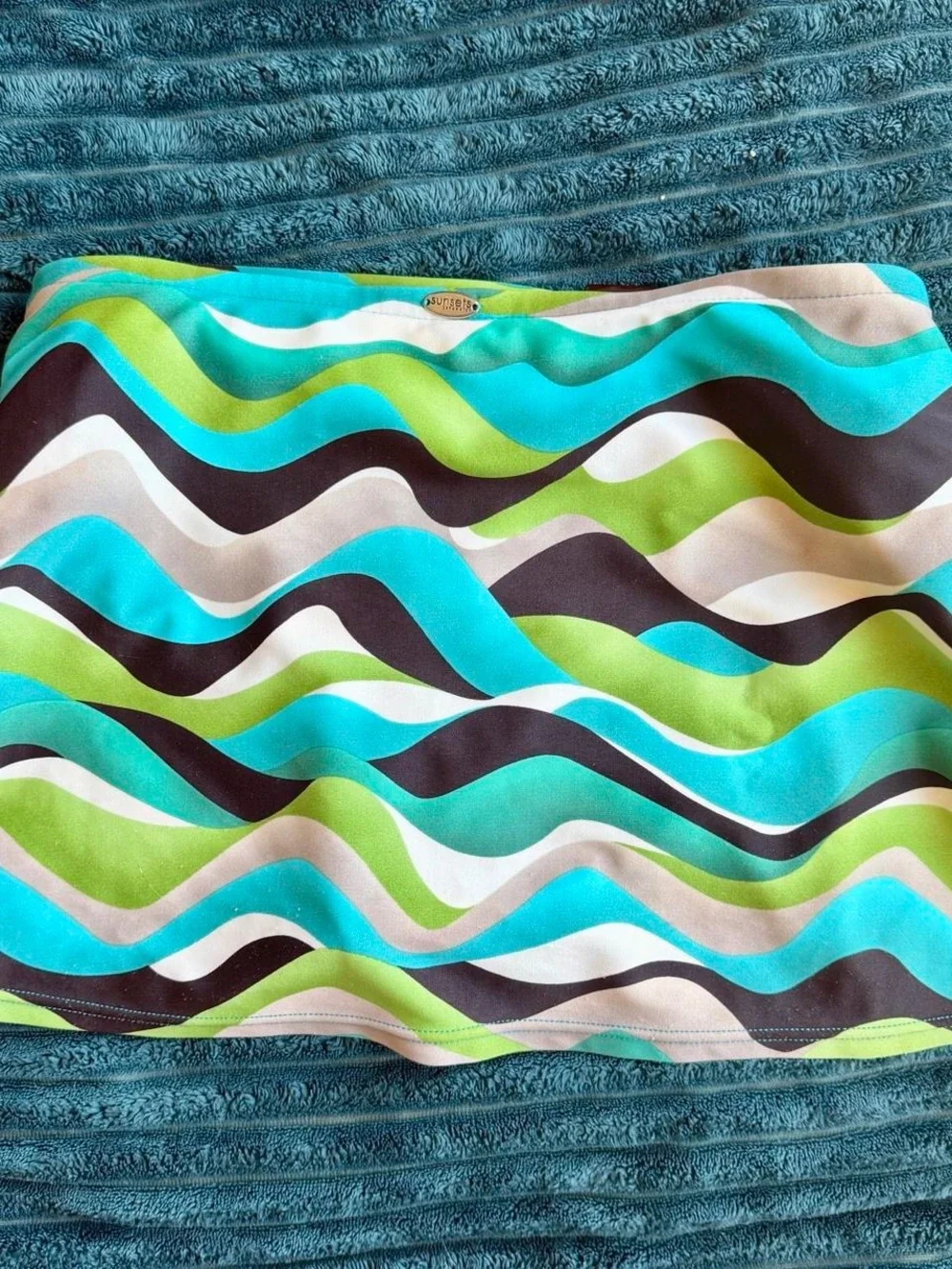 Sunsets Retro Belted Swim Mini Skirt -Wavy Stripe Turquoise & Green- Sz XL / L